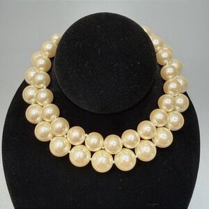 Vintage Carol Lee Chunky Big Faux‎ Pearl Choker Necklace 13" 2 Strand Adjustable